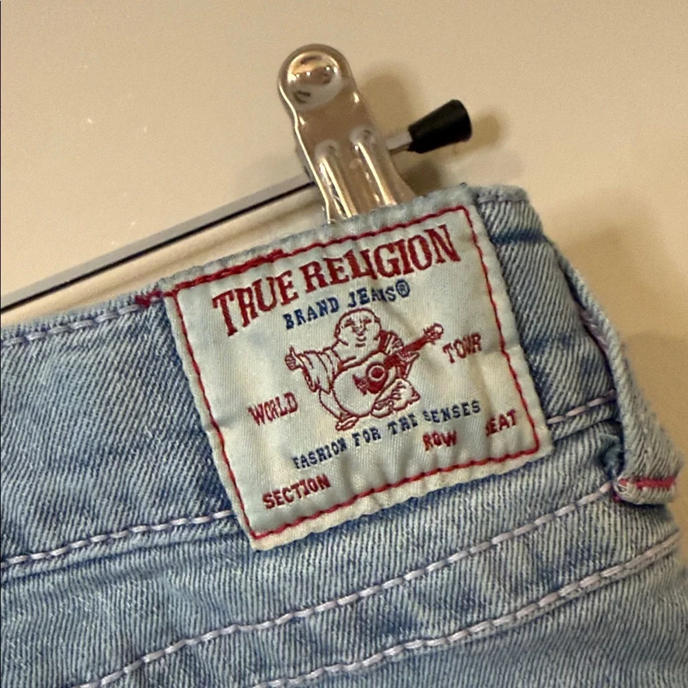 True Religion girl’s Billie mid-rise straight leg jean light blue wash with pink